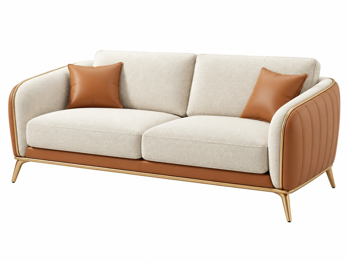 2-zitsbank 180 cm crèmekleurige stof en cognac kunstleer - moderne woonkamerbank met metalen frame