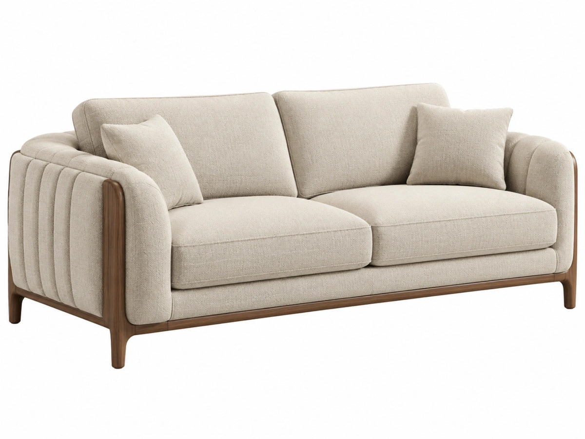2-zitsbank 180 x 90 x 82 cm bouclé stof beige met houten frame moderne woonkamerbank