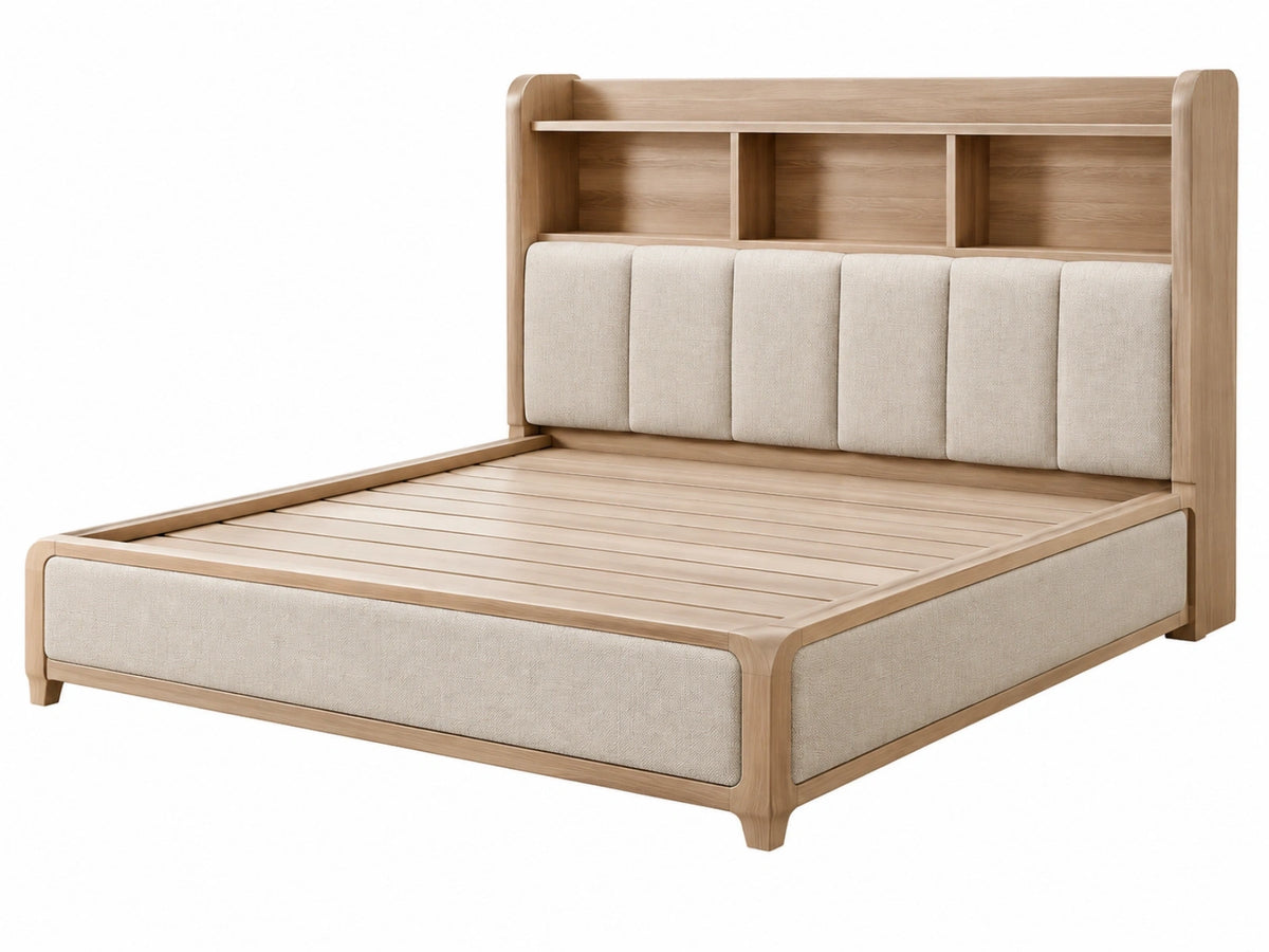 Bedframe 180 x 200 cm hout beige gestoffeerd hoofdbord met opbergruimte