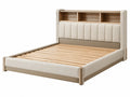 Bedframe 160 x 200 cm beige en naturel hout met stoffen bekleding en opbergvak