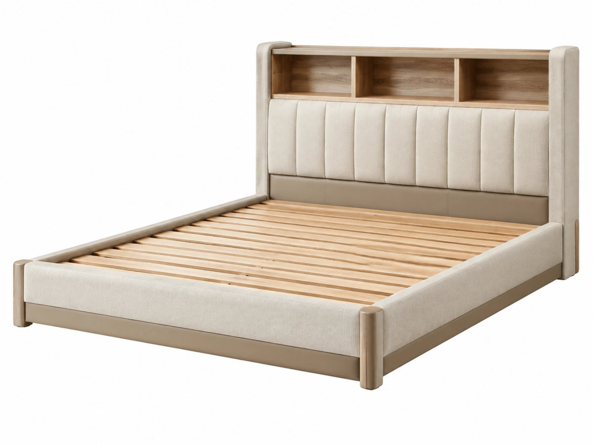 Bedframe 160 x 200 cm beige en naturel hout met stoffen bekleding en opbergvak