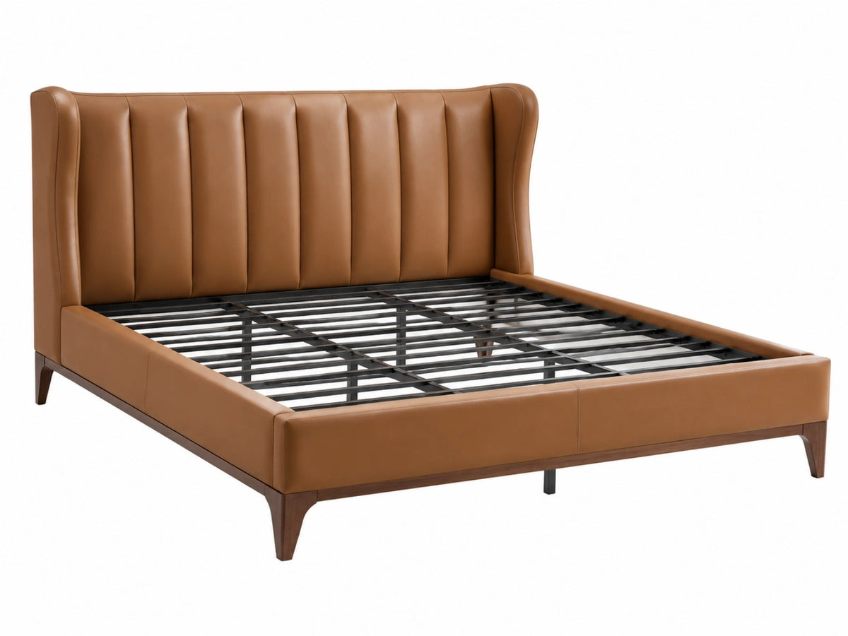 Bedframe 160 x 200 cm cognacbruin kunstleer - gestoffeerd hoofdbord met metalen lattenbodem