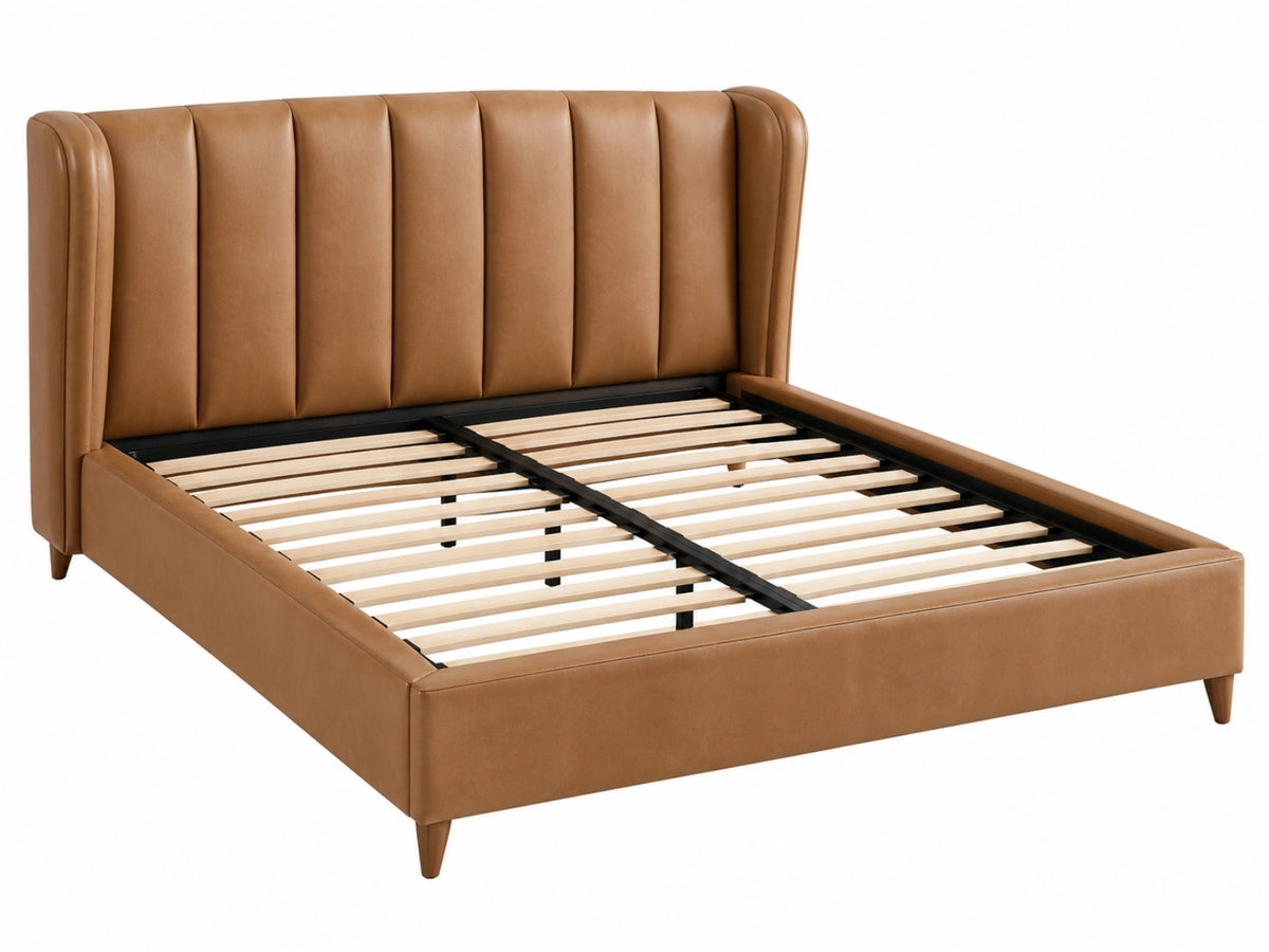 Bedframe 160 x 200 cm kunstleer cognac - gestoffeerd hoofdbord met lattenbodem