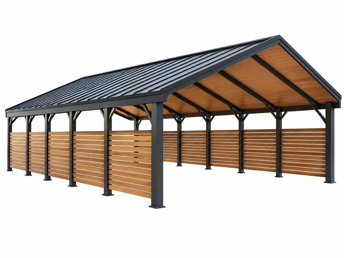 Carport 600 x 300 x 250 cm staal zwart/bruin met metalen dak en houten zijschermen