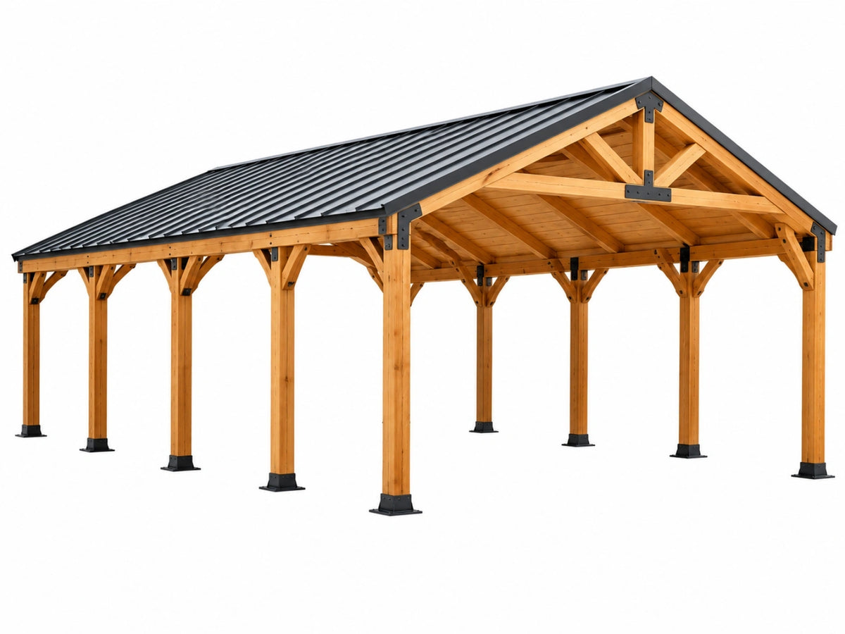 Houten carport 600 x 500 x 300 cm - naturel hout zwart metalen dak - vrijstaande overkapping