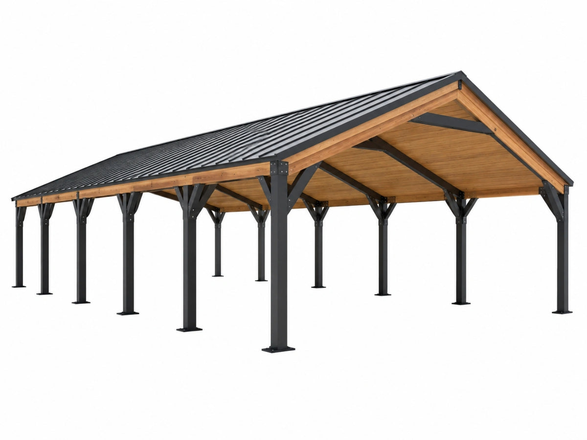 Carport 600 x 600 x 300 cm hout staal zwart/naturel - dubbele buitenoverkapping
