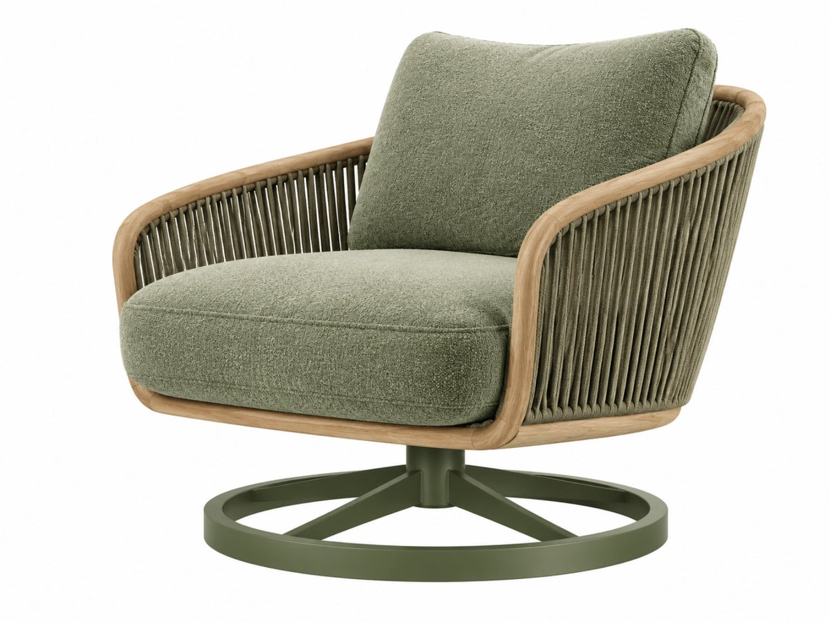 Draaibare fauteuil 86 x 82 x 82 cm groen met hout en gevlochten touw
