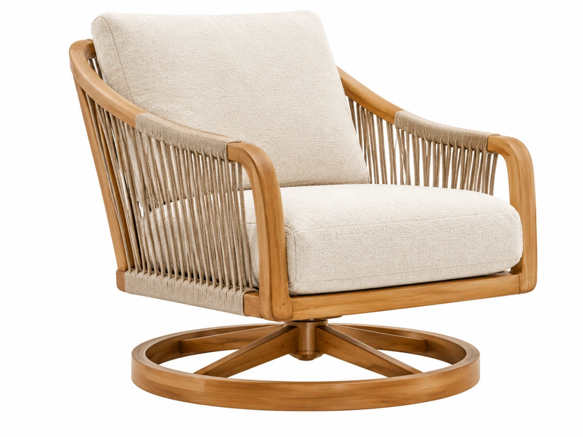 Draaibare loungestoel 80 x 85 x 90 cm - houten frame met beige stoffen bekleding en gevlochten zijkanten