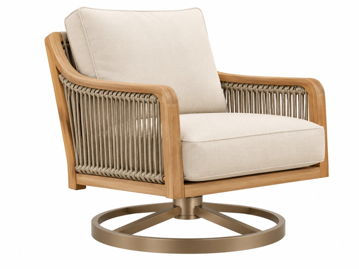 Draaifauteuil 85 x 78 x 90 cm - houten frame beige stoffen bekleding met touwdetails