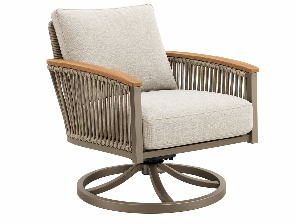 Draaibare loungestoel 80 x 85 x 90 cm met metalen frame taupe touw en beige stof voor buiten