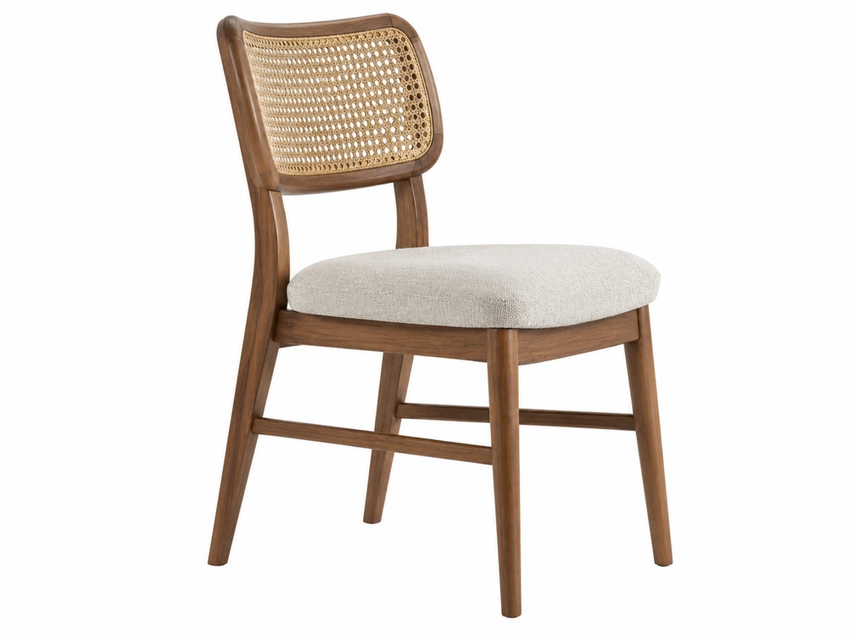 Eetkamerstoel 50 x 55 x 82 cm hout bruin beige met rotan rugleuning en gestoffeerde zitting